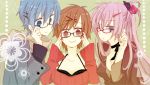  bespectacled blue_eyes blue_hair brown_eyes brown_hair glasses hair_ornament hairclip kaito long_hair megurine_luka meiko pink_hair ponytail scarf short_hair smile vocaloid yoshiki 