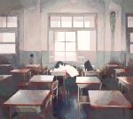  black_hair cat classroom desk kumaori_jun original school_uniform serafuku short_hair sleeping 