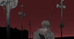  asiulus axis_powers_hetalia blonde_hair breath cityscape cold gloves hands male megaphone monochrome purple_eyes red_background russia_(hetalia) scarf solo spot_color telephone_pole violet_eyes 