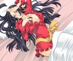  1girl bed_sheet black_hair blush boa_hancock breasts cleavage dress earrings female hand_on_own_chest hpa_(pixiv) jewelry large_breasts long_hair lying one_piece parted_lips pillow purple_eyes red_dress sash solo tears violet_eyes 