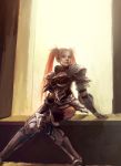 armor bad_id black_armor highres oni-wan red_hair redhead sitting solo twintails 