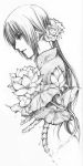  bone flower grayscale greyscale hair_flower hair_ornament long_hair lotus monochrome ponytail scan scan_artifacts solo spine sweetcrescent traditional_media vietnam_(hetalia) vietnamese_dress 