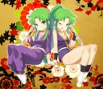 1girl alternate_costume alternate_hairstyle blueberry_(5959) breasts cleavage clone fishnets ganbare_goemon green_eyes green_hair highres japanese_clothes one_eye_closed open_mouth ponytail smile solo tantou weapon wink yae 