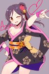  1girl ;d breasts character_name contrast cowboy_shot gloves grey_background hair_ornament hand_on_hip idolmaster idolmaster_cinderella_girls japanese_clothes kimono momoi_azuki no_bra off_shoulder one_eye_closed open_mouth pose short_kimono smile solo wemu_(ivycrown) wind wink 