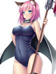  1girl animal_ears blue_eyes blush breasts cape competition_school_swimsuit covered_navel one-piece_swimsuit original pink_hair short_hair solo swimsuit tsukumiya_amane weapon 