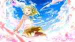  1girl :d clouds flower green_eyes green_hair gumi highres minamito one_eye_closed open_mouth petals short_hair skirt sky smile thigh-highs vocaloid wink zettai_ryouiki 