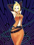  1girl akashingo_(rotampel) armpits arms_behind_head belt blonde_hair blue_eyes breasts chain elbow_gloves final_fantasy final_fantasy_viii gloves looking_at_viewer multicolored_background navel quistis_trepe solo whip zipper 