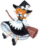  1girl apron arms_behind_head arms_up broom full_body hat kirisame_marisa long_hair magira_(ikemenz) orange_hair simple_background skirt skirt_set smile solo touhou witch_hat 