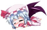  1girl =_= bat_wings chibi closed_eyes dress fang hat kaiser2050101 lavender_hair lying messy_hair on_stomach open_mouth pink_dress puffy_sleeves remilia_scarlet short_hair solo touhou wings wristband 
