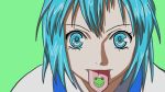  1girl :p blue_eyes blue_hair cirno dr765 joshi_kousei looking_at_viewer parody short_hair solo tongue touhou 