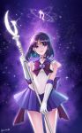  1girl bishoujo_senshi_sailor_moon black_hair bow briska brooch earrings elbow_gloves gloves jewelry magical_girl pleated_skirt purple_background purple_skirt ribbon sailor_collar sailor_saturn saturn_symbol short_hair signature silence_glaive skirt sky smile solo star_(sky) starry_sky super_sailor_saturn tiara tomoe_hotaru violet_eyes white_gloves 