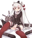  1girl amatsukaze_(kantai_collection) black_panties brown_eyes garter_straps highres kantai_collection long_hair moutama panties personification red_legwear rensouhou-kun school_uniform serafuku silver_hair simple_background striped striped_legwear thigh-highs twintails underwear 