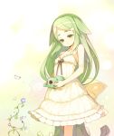  1girl bare_shoulders butterfly dress female flower gatchaman_crowds green_eyes green_hair hair_ornament hairclip long_hair nekomu smile solo utsutsu very_long_hair watering_can white_dress 