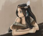  1girl black_hair blue_eyes dark_skin feathers fringe headband headdress long_hair native_american sashimi_(adam026) solo 