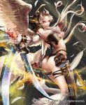  1girl arched_back ass blonde_hair breasts cleavage feathers harpy kakusei_avenger long_hair monster_girl ojyou revealing_clothes solo thong violet_eyes weapon wings 