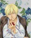  1boy aqua_eyes azu_(bnpsikyu6935-he) blonde_hair copyright_request flower jewelry looking_at_viewer male mouth_hold petals ring shirt solo 