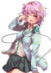  1girl ;o fang headphones headphones_around_neck kantai_collection mataichi_matarou one_eye_closed personification purple_hair rubbing_eyes school_uniform short_hair skirt solo tagme tama_(kantai_collection) wink 