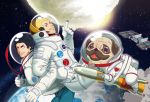  2boys afro animal apo astronaut black_hair blonde_hair dog earth floating moon multiple_boys nanba_hibito nanba_mutta necktie pug r.n rocket smile space space_station spacesuit star sun uchuu_kyoudai 