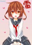  &gt;:d :d brown_hair hair_ornament hairclip ikazuchi_(kantai_collection) kantai_collection open_mouth personification school_uniform serafuku short_hair skirt smile straddling twitter_username yadapot 