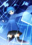  1girl asakurashinji binary black_skirt blue blue_eyes blue_hair ene_(kagerou_project) floating headphones highres holographic_monitor kagerou_project looking_down open_mouth oversized_clothes short_hair skirt sleeves_past_wrists smile solo thighhighs track_jacket twintails 