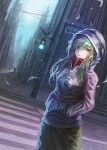  1girl building crosswalk dutch_angle green_hair hands_in_pockets hoodie kagerou_project kido_tsubomi long_hair looking_at_viewer solo techcimera traffic_light urban violet_eyes wind 