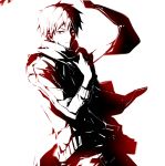  1boy goodman_(modapi95) kagerou_project kisaragi_shintarou looking_at_viewer monochrome red scarf serious short_hair simple_background solo track_jacket white_background 