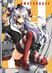  1girl amatsukaze_(kantai_collection) black_dress brown_eyes character_name dress frown gouda_nagi grey_hair highres kantai_collection long_hair long_sleeves personification red_legwear rensouhou-kun sailor_collar solo thigh-highs twintails two_side_up 
