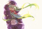  1girl green_hair hand_in_pocket hand_on_head highres hoodie kagerou_project kido_tsubomi long_hair simple_background solo tokigi_akira violet_eyes 