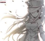  1girl bismarck_(kantai_collection) blonde_hair blush breasts dated gloves hat kantai_collection long_hair looking_at_viewer military military_hat military_uniform monochrome smile solo twitter_username uniform wind yadapot 