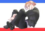  1girl blonde_hair blue_eyes crimean_flag hair_bun hebi_utage military military_uniform natalia_poklonskaya real_life short_hair simple_background sitting solo uniform 