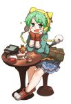  1girl :d amonitto atelier_(series) atelier_shallie bag blue_skirt blush book cake chin_rest coffee coffee_pot cup fingerless_gloves food fork fruit gloves green_eyes green_hair hat mont_blanc_(food) open_mouth plaid plaid_skirt shallotte_elminus shoes short_hair sitting skirt smile solo strawberry table 
