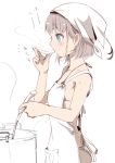  1girl apron bikini cooking female_admiral_(kantai_collection) kantai_collection ladle mataichi_matarou pot profile saucer short_hair solo swimsuit tasting tenugui 