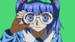  1girl bespectacled blue_eyes dr765 glasses hair_bobbles hair_ornament joshi_kousei kawashiro_nitori lips looking_at_viewer parody solo touhou twintails 