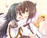  2girls baretto black_hair brown_eyes brown_hair female_admiral_(kantai_collection) food headband headgear heart hug kantai_collection long_hair multiple_girls naval_uniform one_eye_closed open_mouth personification short_hair smile sweet_potato taihou_(kantai_collection) wink 