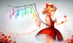  1girl backless_outfit blonde_hair bow bryanth dress flandre_scarlet flower hat hat_bow highres looking_at_viewer mob_cap petals puffy_sleeves red_dress red_eyes red_rose rose short_sleeves side_ponytail solo touhou wings wrist_cuffs 