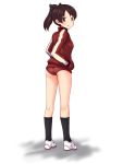  1girl a9b_(louis814) alternate_costume ass brown_eyes brown_hair buruma gym_uniform hair_ribbon hands_in_pockets highres kantai_collection kneehighs open_mouth ponytail ribbon shikinami_(kantai_collection) shoes short_hair simple_background solo track_jacket 