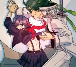  1boy 1girl arms_up black_hair green_hair grin kill_la_kill living_clothes mask matoi_ryuuko midriff navel pinned sanageyama_uzu school_uniform senketsu serafuku shirt_lift skirt smile suspenders uniform wrist_grab yougi_shaaru 