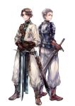  2boys armor asymmetrical_clothes back-to-back boots brown_eyes brown_hair denim_powell gamma_(geoffrey) gloves jewelry male multiple_boys necklace sheath sheathed smile sword tactics_ogre vice_bozeg weapon 