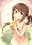  1girl brown_eyes brown_hair dress flower highres kyuri original petals pink_dress ponytail smile solo spring_(season) sundress 