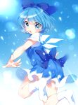 1girl blue_dress blue_eyes blue_hair bow cirno dress hair_bow ice ice_wings looking_at_viewer looking_back open_mouth paragasu_(parags112) shirt short_sleeves solo touhou wings 