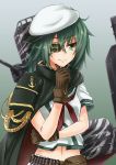  &gt;:) 1girl anti_(untea9) blush cape eyepatch gloves green_eyes green_hair hand_on_own_chin hat kantai_collection kiso_(kantai_collection) personification school_uniform short_hair skirt smile solo 