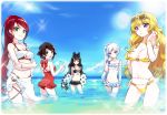  5girls ball bangle beach beachball bikini bikini_skirt black_hair blake_belladonna blonde_hair blue_eyes blue_sky bow bracelet breasts cleavage clouds dokur01 flat_chest float frilled_bikini frills front-tie_top green_eyes grey_eyes hair_bow hair_ornament innertube jewelry large_breasts long_hair multiple_girls o-ring_bikini o-ring_bottom o-ring_top ocean one-piece_swimsuit polka_dot polka_dot_swimsuit ponytail pyrrha_nikos red_bikini redhead rooster_teeth rounded_corners ruby_rose rwby sarong shiny shiny_hair short_hair sky smile sparkle sunglasses sunglasses_on_head swimsuit violet_eyes wading waist_chain water weiss_schnee white_border white_hair yang_xiao_long yellow_bikini yellow_eyes 