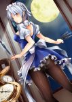  1girl black_legwear braid crotch_seam full_moon highres izayoi_sakuya knife looking_at_viewer looking_back maid maid_headdress moon panties panties_under_pantyhose pantyhose pocket_watch qiuzhi_huiyi short_sleeves silver_hair solo touhou twin_braids underwear watch 