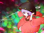  &gt;:( 1girl bowl bowl_hat frown hand_on_headwear hat highres holding japanese_clothes kankokoa kimono looking_at_viewer needle petals purple_hair shiny short_hair simple_background solo sukuna_shinmyoumaru touhou violet_eyes 