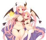  2girls age_difference ahoge artist_name bikini black_bikini breasts byulzzimon cape choker cleavage demon_tail facial_mark forehead_mark horns large_breasts long_hair mole multiple_girls navel original outstretched_hand pink_eyes pink_hair shiny shiny_skin sitting small_breasts smile star string_bikini swimsuit tail thighhighs twintails very_long_hair white_legwear wings 