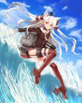  1girl amatsukaze_(kantai_collection) brown_eyes garter_straps highres kantai_collection lasts long_hair personification rensouhou-kun school_uniform serafuku silver_hair striped striped_legwear thigh-highs twintails water 