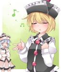  2girls ^_^ blonde_hair blush breast_rest breasts closed_eyes commentary_request hammer_(sunset_beach) hat lunasa_prismriver merlin_prismriver multiple_girls musical_note open_mouth short_hair silver_hair skirt smile touhou 