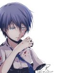  1girl akuma_no_riddle azuma_tokaku blood blood_on_face blood_on_fingers blue_eyes blue_hair highres necktie nrbwrbsn parted_lips short_hair simple_background solo white_background 