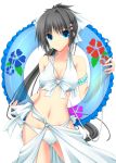  1girl arm_strap bikini bikini_skirt black_hair blue_eyes bow breasts cleavage collarbone hair_bow hair_ornament hairclip innertube long_hair looking_at_viewer navel original ponytail shouyan side-tie_bikini simple_background solo swimsuit very_long_hair white_background white_bikini white_swimsuit 