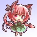  1girl :d animal_ears bow braid cat_ears cat_tail chibi fang frills gradient gradient_background hair_bow kaenbyou_rin looking_at_viewer lowres multiple_tails open_mouth red_eyes redhead ryogo simple_background smile solo tail touhou twin_braids 